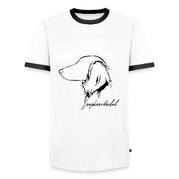LANGHAARDACKEL Profil Hunde Hund Wilsigns - Männer Kontrast-T-Shirt - Weiß/Schwarz - Vorne - AI Model Female 172 light (172cm) & AI Model Male 178 dark (178cm)
