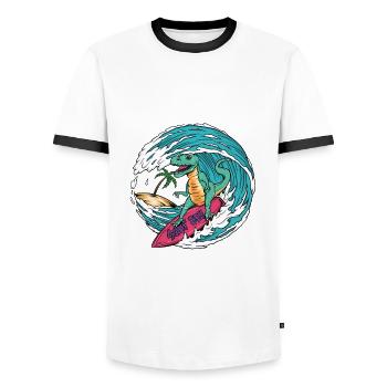 Surfing T-Rex - Men's Ringer Shirt - white/black - Front - AI Model Female 172 light (172cm) & AI Model Male 178 dark (178cm)