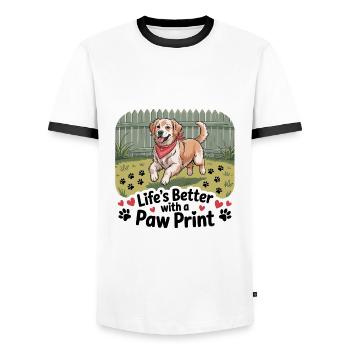 La vie est meilleure avec une empreinte de patte - T-shirt contrasté Homme - blanc/noir - Devant - AI Model Female 172 light (172cm) & AI Model Male 178 dark (178cm)