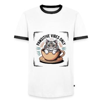 Pawsitive Vibes Only – Chat dans une tasse - T-shirt contrasté Homme - blanc/noir - Devant - AI Model Female 172 light (172cm) & AI Model Male 178 dark (178cm)
