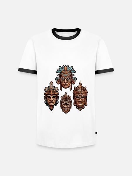 Ornate Carved Aztec, Mayan, Inca Masks - Men's Ringer Shirt - white/black