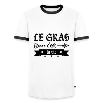 Fat is life - Men's Ringer Shirt - white/black - Front - AI Model Female 172 light (172cm) & AI Model Male 178 dark (178cm)