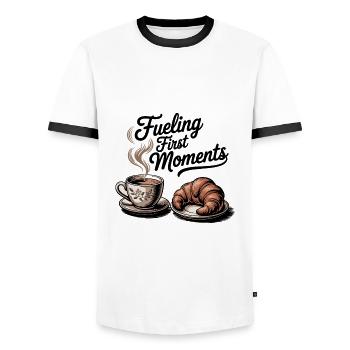 Fueling First Moments – Coffee & Croissant - Men's Ringer Shirt - white/black - Front - AI Model Female 172 light (172cm) & AI Model Male 178 dark (178cm)