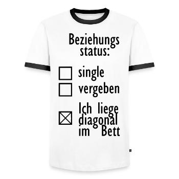 Beziehungsstatus single vergeben diagonal im Bett - Männer Kontrast-T-Shirt - Weiß/Schwarz - Vorne - AI Model Female 172 light (172cm) & AI Model Male 178 dark (178cm)
