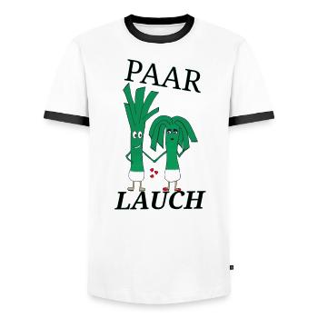 Paar Lauch Partnerlook - Männer Kontrast-T-Shirt - Weiß/Schwarz - Vorne - AI Model Female 172 light (172cm) & AI Model Male 178 dark (178cm)