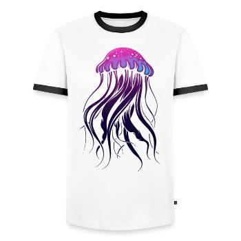 Glow With The Flow, Jellyfish with Tentacles, Saying - Men's Ringer Shirt - white/black - Front - AI Model Female 172 light (172cm) & AI Model Male 178 dark (178cm)