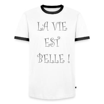 La vie est belle - T-shirt contrasté Homme - blanc/noir - Devant - AI Model Female 172 light (172cm) & AI Model Male 178 dark (178cm)