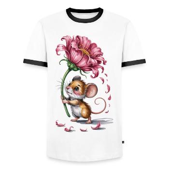 Mouse with Blossom T-Shirt Gift for Mouse Fans - Men's Ringer Shirt - white/black - Front - AI Model Female 172 light (172cm) & AI Model Male 178 dark (178cm)