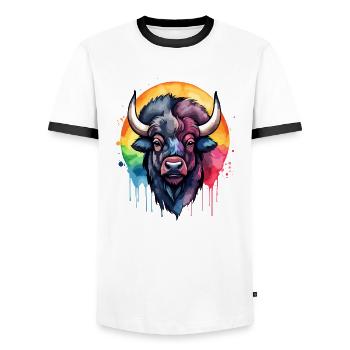 Bison, Animal, Cool, Breathtaking, Colorful Watercolor - Men's Ringer Shirt - white/black - Front - AI Model Female 172 light (172cm) & AI Model Male 178 dark (178cm)