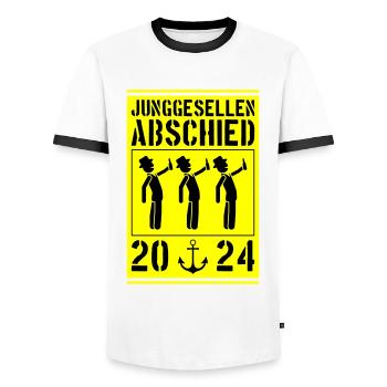 Enterrement de vie de garçon 2024 - T-shirt contrasté Homme - blanc/noir - Devant - AI Model Female 172 light (172cm) & AI Model Male 178 dark (178cm)