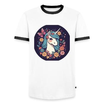 Elegant unicorn with butterfly flowers - Men's Ringer Shirt - white/black - Front - AI Model Female 172 light (172cm) & AI Model Male 178 dark (178cm)