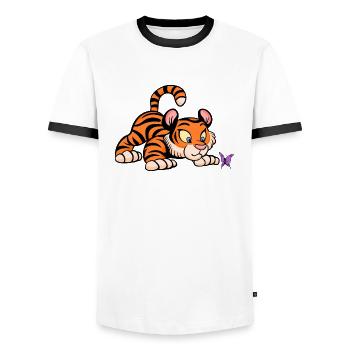 Baby-Tiger mit Schmetterling - Männer Kontrast-T-Shirt - Weiß/Schwarz - Vorne - AI Model Female 172 light (172cm) & AI Model Male 178 dark (178cm)