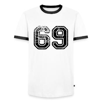 69 - Men's Ringer Shirt - white/black - Front - AI Model Female 172 light (172cm) & AI Model Male 178 dark (178cm)