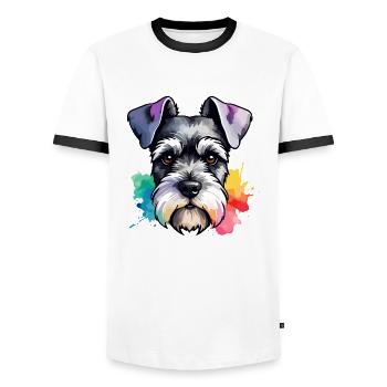 Miniature Schnauzer Dog Colorful in Watercolors - Men's Ringer Shirt - white/black - Front - AI Model Female 172 light (172cm) & AI Model Male 178 dark (178cm)