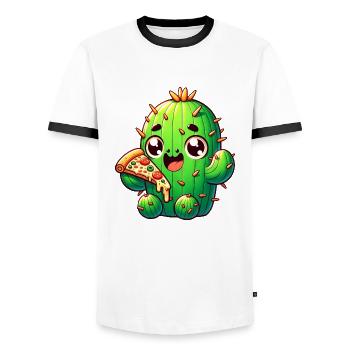 Cactus Kawaii mignon avec Pizza - T-shirt contrasté Homme - blanc/noir - Devant - AI Model Female 172 light (172cm) & AI Model Male 178 dark (178cm)
