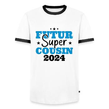 Futur super cousin 2024 cadeau humour anniversaire - T-shirt contrasté Homme - blanc/noir - Devant - AI Model Female 172 light (172cm) & AI Model Male 178 dark (178cm)