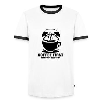 Erst der Kaffee, dann alles andere - Männer Kontrast-T-Shirt - Weiß/Schwarz - Vorne - AI Model Female 172 light (172cm) & AI Model Male 178 dark (178cm)