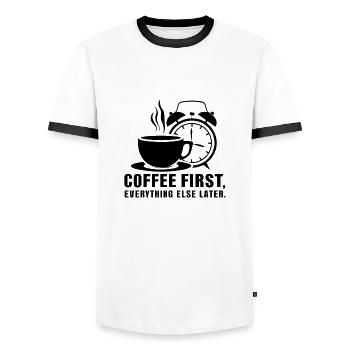 First the coffee, then everything else - Men's Ringer Shirt - white/black - Front - AI Model Female 172 light (172cm) & AI Model Male 178 dark (178cm)