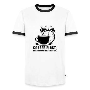 Erst der Kaffee, dann alles andere - Männer Kontrast-T-Shirt - Weiß/Schwarz - Vorne - AI Model Female 172 light (172cm) & AI Model Male 178 dark (178cm)
