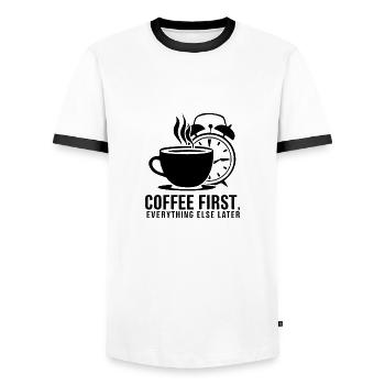 Erst der Kaffee, dann alles andere - Männer Kontrast-T-Shirt - Weiß/Schwarz - Vorne - AI Model Female 172 light (172cm) & AI Model Male 178 dark (178cm)