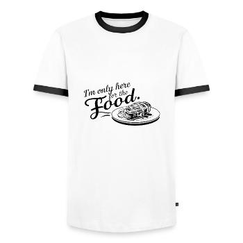 Ich bin nur hier wegen des Essens. - Männer Kontrast-T-Shirt - Weiß/Schwarz - Vorne - AI Model Female 172 light (172cm) & AI Model Male 178 dark (178cm)