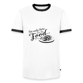 Ich bin nur hier wegen des Essens. - Männer Kontrast-T-Shirt - Weiß/Schwarz - Vorne - AI Model Female 172 light (172cm) & AI Model Male 178 dark (178cm)