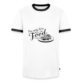 Ich bin nur hier wegen des Essens. - Männer Kontrast-T-Shirt - Weiß/Schwarz - Vorne - AI Model Female 172 light (172cm) & AI Model Male 178 dark (178cm)