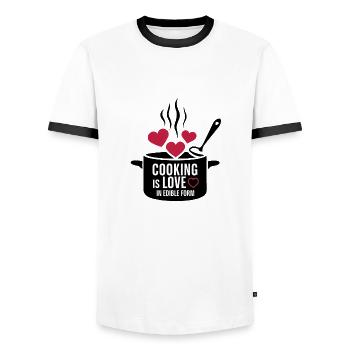 Cooking is love in edible form. - Men's Ringer Shirt - white/black - Front - AI Model Female 172 light (172cm) & AI Model Male 178 dark (178cm)