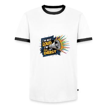 Ich bin nicht laut, ich bin voller Energie. - Männer Kontrast-T-Shirt - Weiß/Schwarz - Vorne - AI Model Female 172 light (172cm) & AI Model Male 178 dark (178cm)