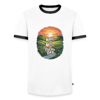 Make the most of every day - Men's Ringer Shirt - white/black - Front - AI Model Female 172 light (172cm) & AI Model Male 178 dark (178cm)