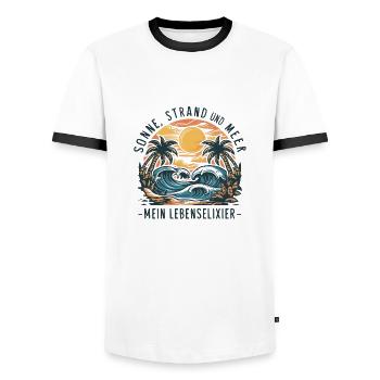 Sun, beach and sea - my elixir of life - Men's Ringer Shirt - white/black - Front - AI Model Female 172 light (172cm) & AI Model Male 178 dark (178cm)