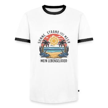 Sun, beach and sea - my elixir of life - Men's Ringer Shirt - white/black - Front - AI Model Female 172 light (172cm) & AI Model Male 178 dark (178cm)