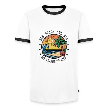 Sun, beach and sea - my elixir of life - Men's Ringer Shirt - white/black - Front - AI Model Female 172 light (172cm) & AI Model Male 178 dark (178cm)