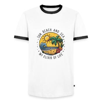 Sun, beach and sea - my elixir of life - Men's Ringer Shirt - white/black - Front - AI Model Female 172 light (172cm) & AI Model Male 178 dark (178cm)