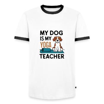 Mon chien est mon prof de yoga - T-shirt contrasté Homme - blanc/noir - Devant - AI Model Female 172 light (172cm) & AI Model Male 178 dark (178cm)