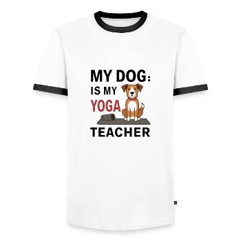 Mon chien est mon prof de yoga - T-shirt contrasté Homme - blanc/noir - Devant - AI Model Female 172 light (172cm) & AI Model Male 178 dark (178cm)