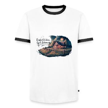 Vivre simplement, rêver grand - T-shirt contrasté Homme - blanc/noir - Devant - AI Model Female 172 light (172cm) & AI Model Male 178 dark (178cm)
