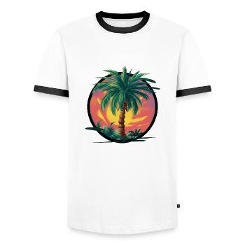 Tropische Palme bei Sonnenuntergang – Urlaubsmotiv - Männer Kontrast-T-Shirt - Weiß/Schwarz - Vorne - AI Model Female 172 light (172cm) & AI Model Male 178 dark (178cm)