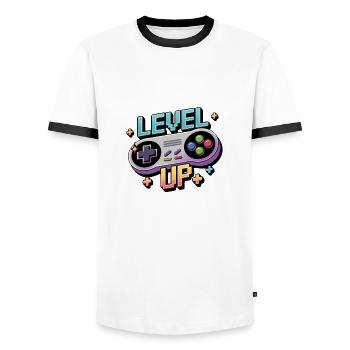 Level Up – Gaming Controller - Men's Ringer Shirt - white/black - Front - AI Model Female 172 light (172cm) & AI Model Male 178 dark (178cm)
