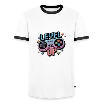 Level Up – Gaming Controller - Men's Ringer Shirt - white/black - Front - AI Model Female 172 light (172cm) & AI Model Male 178 dark (178cm)