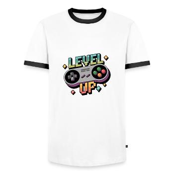 Level Up – Gaming Controller - Men's Ringer Shirt - white/black - Front - AI Model Female 172 light (172cm) & AI Model Male 178 dark (178cm)