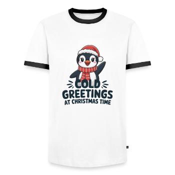 Kühle Grüße zur Weihnachtszeit – Pinguin - Männer Kontrast-T-Shirt - Weiß/Schwarz - Vorne - AI Model Female 172 light (172cm) & AI Model Male 178 dark (178cm)