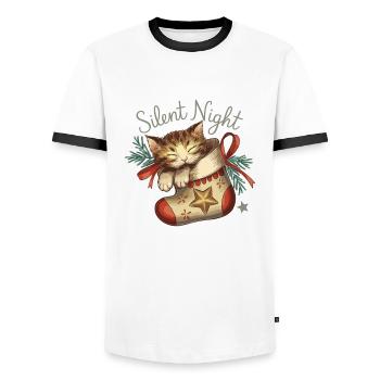 Stille Nacht – Kätzchen im Weihnachtsstrumpf - Männer Kontrast-T-Shirt - Weiß/Schwarz - Vorne - AI Model Female 172 light (172cm) & AI Model Male 178 dark (178cm)