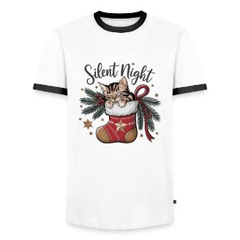 Silent Night – Kitten in Christmas Stocking - Men's Ringer Shirt - white/black - Front - AI Model Female 172 light (172cm) & AI Model Male 178 dark (178cm)