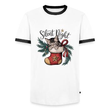 Silent Night – Kitten in Christmas Stocking - Men's Ringer Shirt - white/black - Front - AI Model Female 172 light (172cm) & AI Model Male 178 dark (178cm)