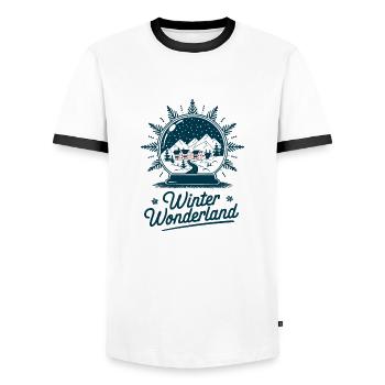 Winter Wonderland – Snow Globe with Village - Men's Ringer Shirt - white/black - Front - AI Model Female 172 light (172cm) & AI Model Male 178 dark (178cm)