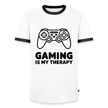 Gaming is my Therapy – Minimalist Controller - Men's Ringer Shirt - white/black - Front - AI Model Female 172 light (172cm) & AI Model Male 178 dark (178cm)