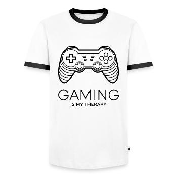 Gaming is my Therapy – Minimalist Controller - Men's Ringer Shirt - white/black - Front - AI Model Female 172 light (172cm) & AI Model Male 178 dark (178cm)