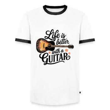Life is Better with a Guitar – Acoustic Guitar - Men's Ringer Shirt - white/black - Front - AI Model Female 172 light (172cm) & AI Model Male 178 dark (178cm)