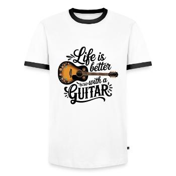 Life is Better with a Guitar – Acoustic Guitar - Men's Ringer Shirt - white/black - Front - AI Model Female 172 light (172cm) & AI Model Male 178 dark (178cm)
